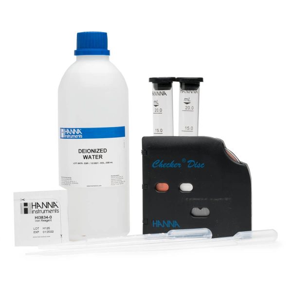 Kit químico de pruebas para hierro (Fe+2 y Fe+3) intervalo alto con disco de color Checker® HANNA HI38041