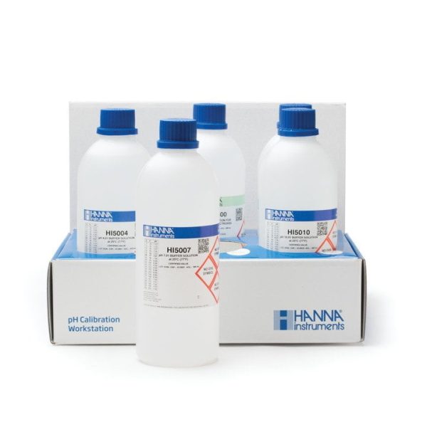 Soluciones de calibración de pH 4.01, 7.01 y 10.01 con solución de almacenamiento de electrodos y solución de limpieza (5 x 500 ml) HANNA HI54710-11