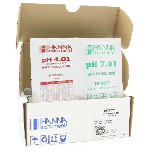 Sobres de solución de calibración, pH 4.01 y 7.01 a 25 ° C (5 cada uno x 20 mL) HANNA HI77400P