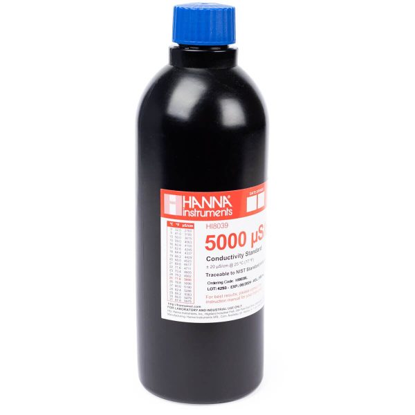 Solución estándar de conductividad de 5,000 µS/cm en frasco FDA (500 mL) HANNA HI8039L