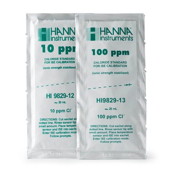 Sobres con solución de calibración de 10 ppm y 100 ppm de cloruro para el HI9829 (10 x 25 mL de cada uno) HANNA HI9829-12/13