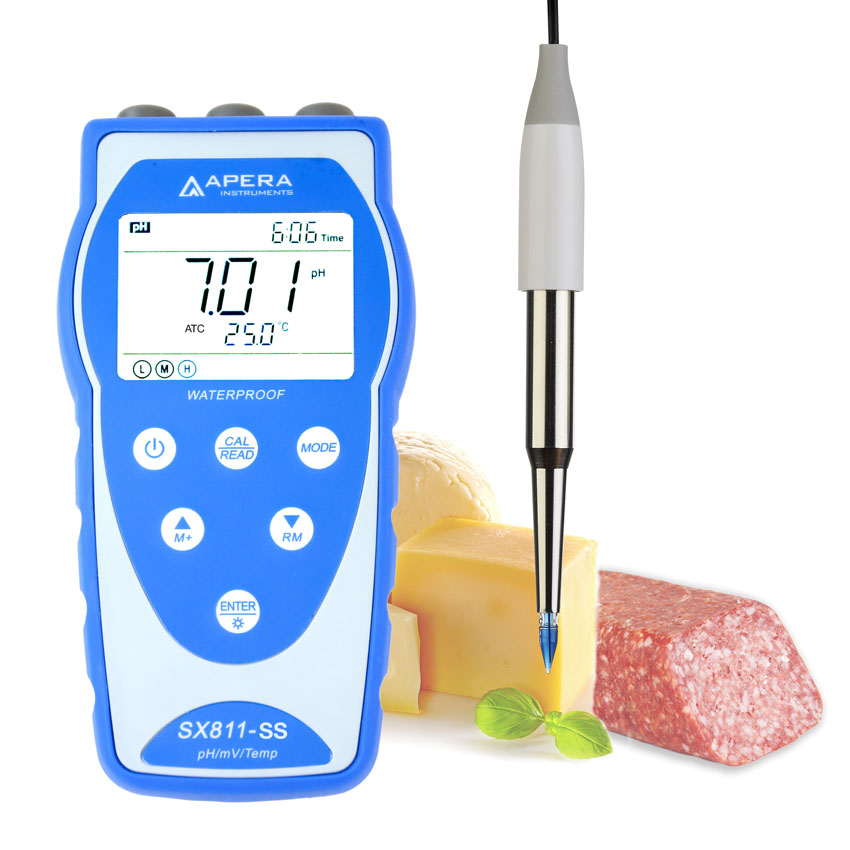 Medidor portátil de pH SX811-SS para alimentos y productos lácteos, equipado con sonda de lanza de acero inoxidable LanSen Food-Grade, anti-contaminación. APERA SX811-SS