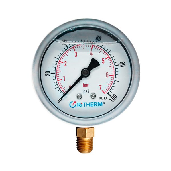 Manómetro 0-100 psi (0-7 bar) c/glicerina, ø 2.5″ x 1/4″ ntp vertical acero inox. RITHERM (MP-100-2.5)