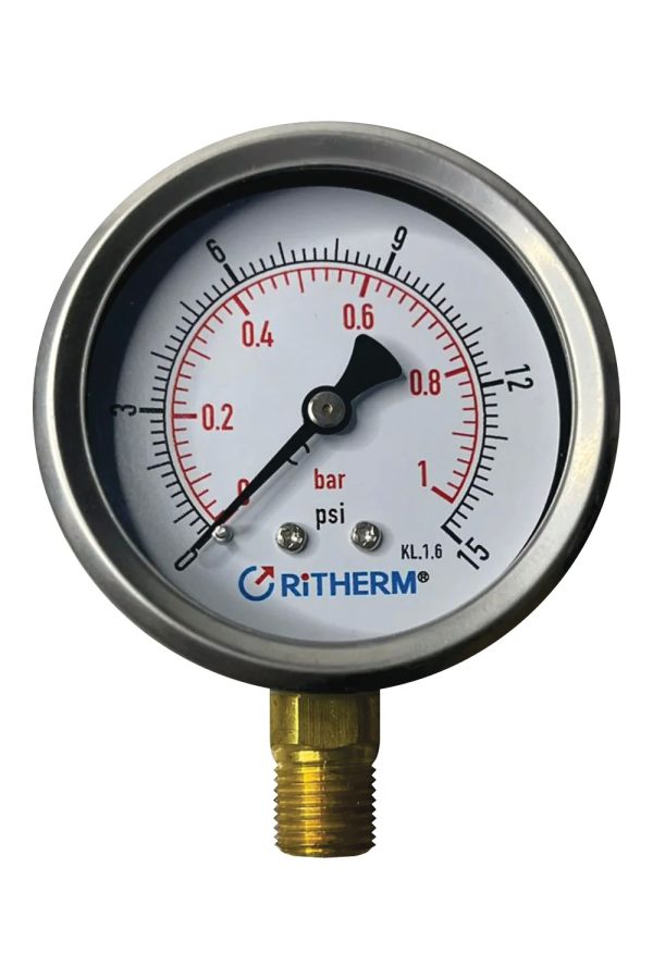 Manometro 0-15 psi (0-1 bar) c/glicerina, ø 2.5″ x 1/4″ ntp vertical, caja inox mec. bronce RITHERM - Imagen 3